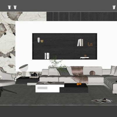 现代客厅SU,沙发茶几组合，装饰架，工艺品摆件