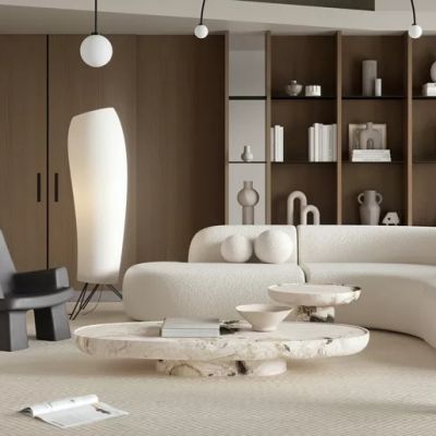 现代客厅，沙发茶几组合，书架，植物