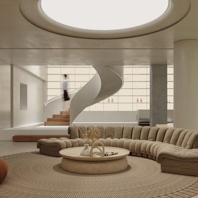 现代别墅客厅，沙发茶几组合，旋转楼梯