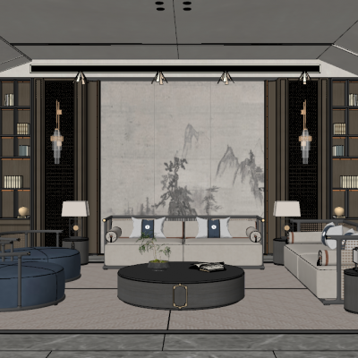 新中式客厅SU,沙发茶几组合，沙发背景，摆件