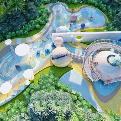 现代儿童乐园 星球主题构架 地球仪雕塑 儿童游乐园 休息廊架.rar