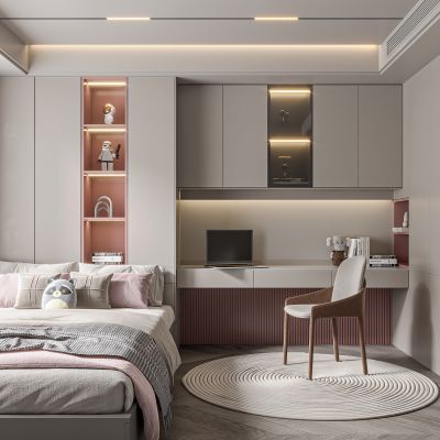 现代风格儿童房,北欧现代儿童房卧室,现代儿童房榻榻米,写字桌,饰品摆件
