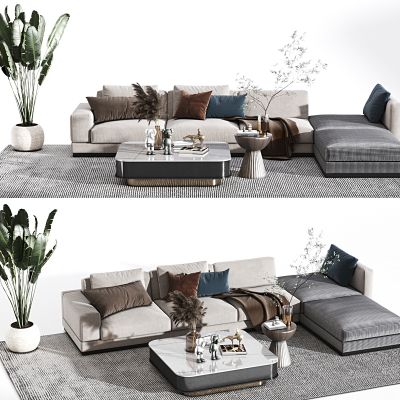 现代沙发茶几组合，组合沙发，布艺沙发，多人沙发，饰品摆件，盆栽，地毯