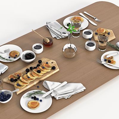 现代餐桌桌面摆件，餐桌摆件，烙饼，烧饼，蓝莓，桑耳，煎蛋，餐盘，刀叉