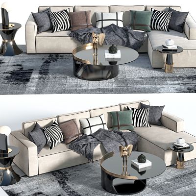 现代多人转角沙发，沙发，转角沙发，布艺沙发，茶几，摆件，地毯，抱枕，毯子