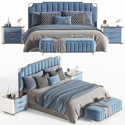现代双人床，主卧床，落地床，四角床，床品，摆件，抱枕，毯子，被褥，床头柜