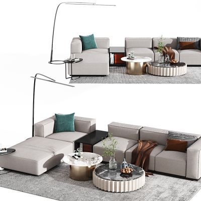 现代多人转角沙发，沙发，转角沙发，布艺沙发，落地灯，茶几，摆件，地毯