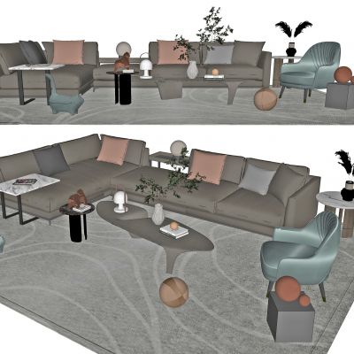 现代沙发茶几组合，组合沙发，布艺沙发，多人沙发，饰品摆件，茶几，组合茶几