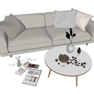 北欧双人沙发，三人沙发，布艺沙发，茶几，饰品，摆件，染料，画笔，懒人沙发