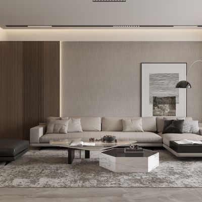 现代客餐厅，沙发茶几组合，餐桌椅，卧室，酒柜，吊灯，装饰画