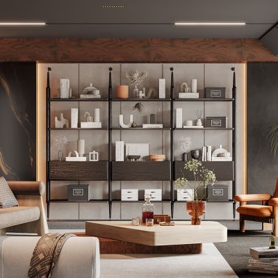 现代客厅，沙发茶几组合，装饰架