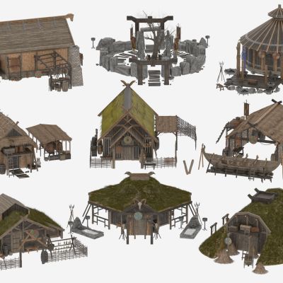 茅草屋，木房子，动漫道具，cg