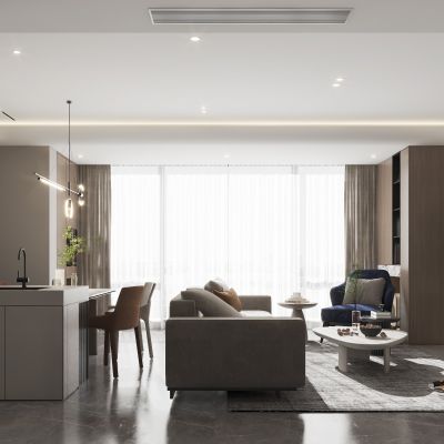 现代客餐厅，沙发茶几组合，餐桌椅