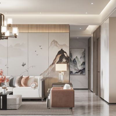 现代客餐厅，沙发茶几组合，餐桌椅