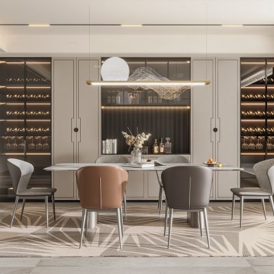  现代餐厅 餐桌椅 酒柜 地毯 吊灯 饰品