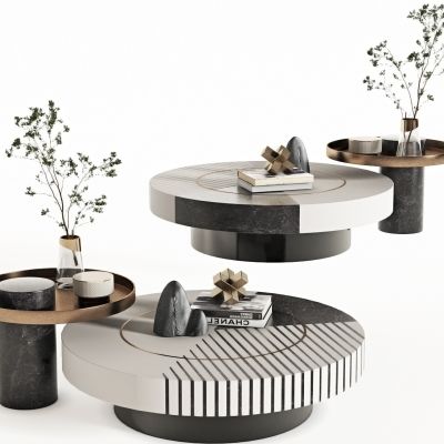 现代茶几组合，圆茶几，边几，角几，客厅茶几，子母茶几，饰品，摆件，饰品摆件，书，花，花瓶