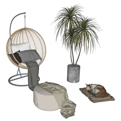 现代休闲椅，吊椅，铁艺吊椅，摇椅，竹制吊椅，盆栽，沙发凳，猫，毯子，抱枕