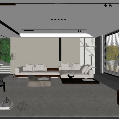  现代别墅客厅 简约客厅 无主灯客厅 楼梯 沙发组合 饰品摆件