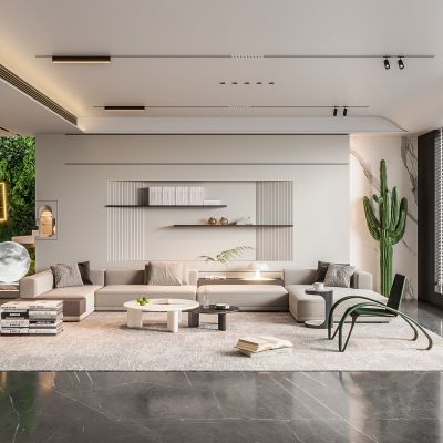  现代别墅客厅 简约客厅 无主灯客厅 楼梯 沙发组合 饰品摆件