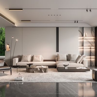  现代别墅客厅 简约客厅 无主灯客厅 楼梯 沙发组合 饰品摆件