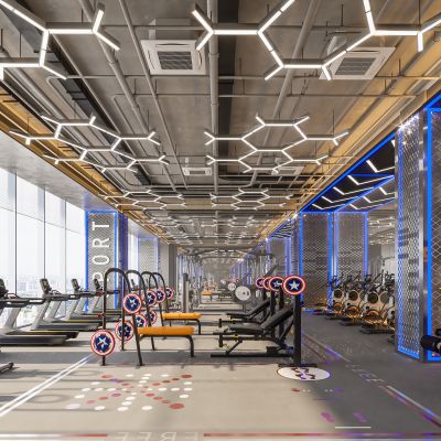 现代健身房 健身器械 卧推架 跑步机 哑铃 杠铃 动感单车