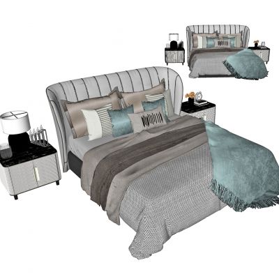 现代双人床，主卧床，落地床，四角床，床品，摆件，抱枕，毯子，被褥，床头柜