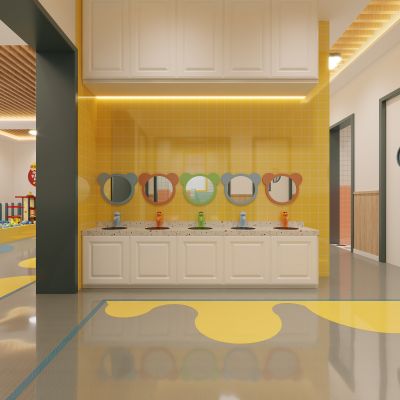 现代幼儿园过道，幼儿园过道，过道，洗手区，