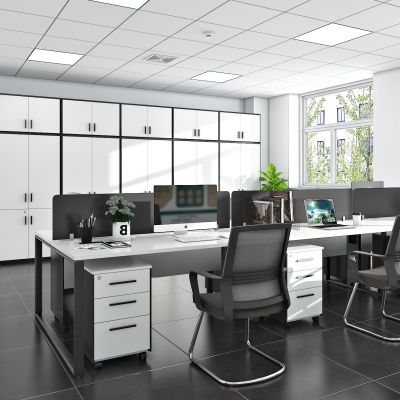 现代公共办公室，办公室，员工办公室，员工办公区，办公桌，办公椅，文件柜，桌上屏，工位，职员桌，员工位，会议椅，弓形椅，弓架椅，屏风，条桌，办公条桌