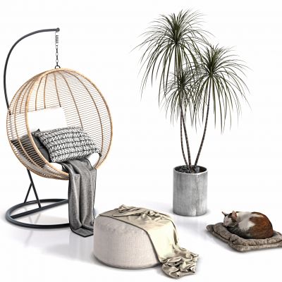现代休闲椅，吊椅，铁艺吊椅，摇椅，竹制吊椅，盆栽，沙发凳，猫，毯子，抱枕