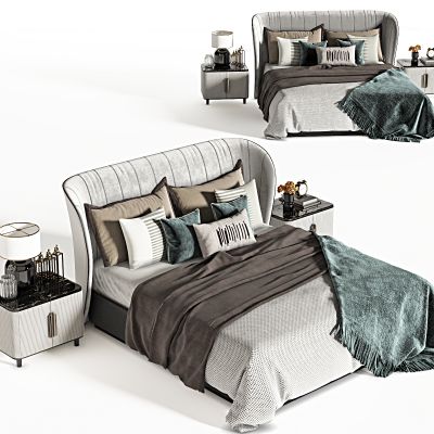 现代双人床，主卧床，落地床，四角床，床品，摆件，抱枕，毯子，被褥，床头柜