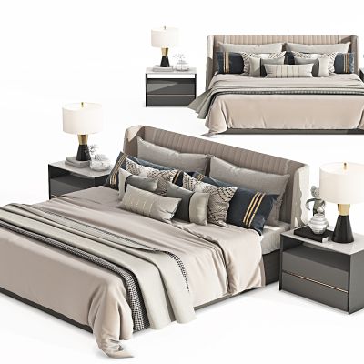 现代双人床，主卧床，落地床，四角床，床品，摆件，抱枕，毯子，被褥，床头柜