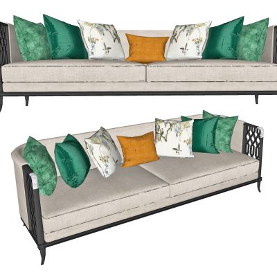 新中式三人沙发，多人沙发，抱枕，客厅沙发，布艺沙发，接待沙发