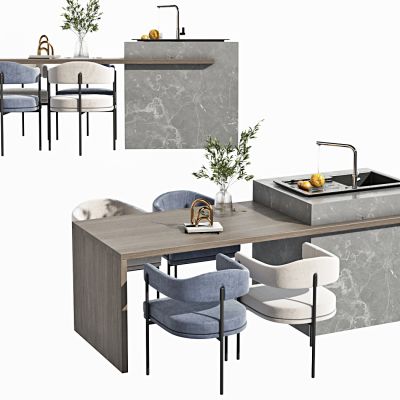 现代餐桌椅组合，中岛台，中岛，餐桌，餐椅，摆件，中岛餐桌，异形餐桌，布椅