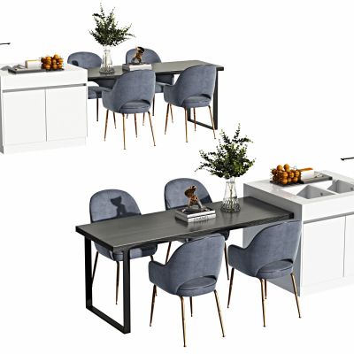 现代餐桌椅组合，中岛台，中岛，餐桌，餐椅，摆件，中岛餐桌，异形餐桌，布椅