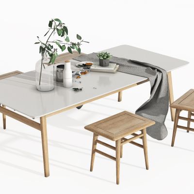 日式茶桌椅组合，茶桌，茶椅，方凳，方椅，矮凳，餐桌，餐椅，饰品，摆件，花