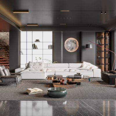 现代别墅客厅 无主灯客厅 旋转楼梯 沙发组合 茶几组合 饰品摆件