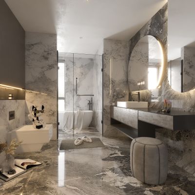 现代卫生间 马桶 浴室柜 洗脸盆 镜子 坐便器 玻璃隔断 摆件