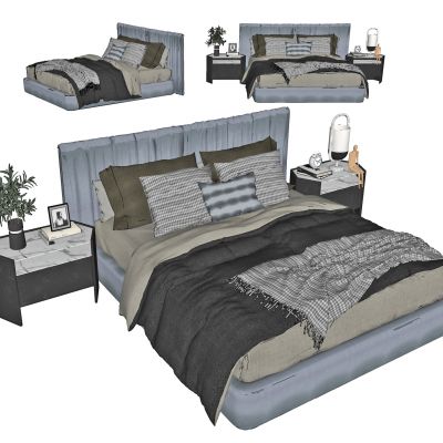 现代双人床，主卧床，落地床，四角床，床品，摆件，抱枕，毯子，被褥，床头柜
