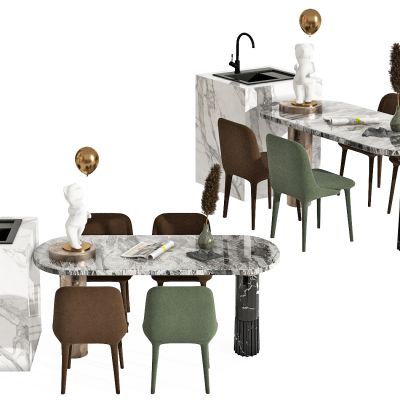 现代餐桌椅组合，中岛台，中岛，餐桌，餐椅，摆件，中岛餐桌，异形餐桌，布椅