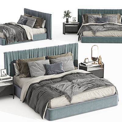 现代双人床，主卧床，落地床，四角床，床品，摆件，抱枕，毯子，被褥，床头柜