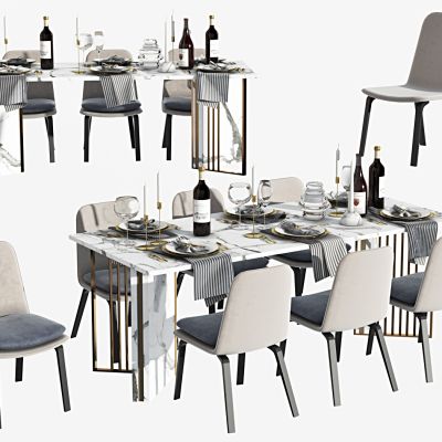 现代轻奢餐桌椅组合，餐桌，餐椅，书椅，书桌，写字桌，餐桌摆件，红酒，烛台