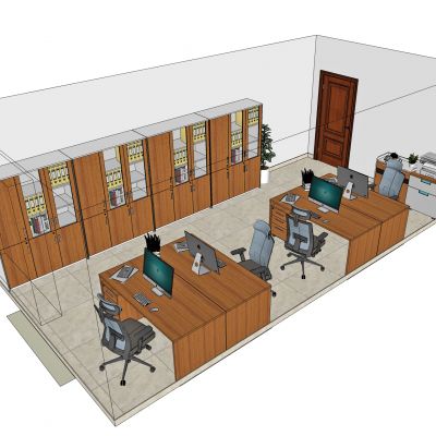 现代办公室，主任办公室，职员办公室，打印机柜，办公桌，办公椅，文件柜，职员桌，三斗柜，斗柜，职员椅，工位，茶水柜，电脑，摆件，转椅