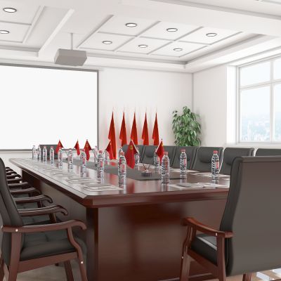 新中式会议室，大会议室，培训室，洽谈室，党建会议室，会议桌，会议椅，摆件