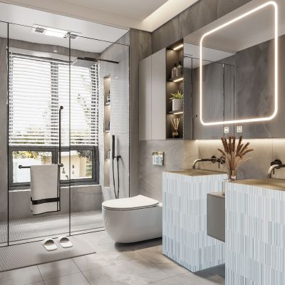 现代卫生间 马桶 浴室柜 洗脸盆 镜子 坐便器 玻璃隔断 摆件