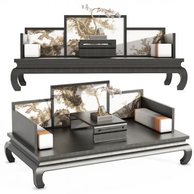 新中式贵妃椅，罗汉床，沙发，休闲沙发，两人沙发，多人沙发，迎客松，抱枕