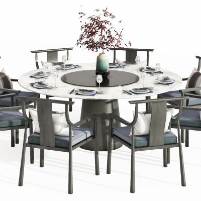 新中式圆形餐桌椅，餐桌椅，餐桌，餐椅，大餐桌，书椅，休闲椅，花，圆形餐桌