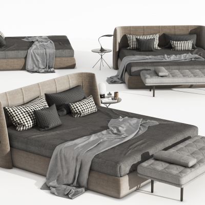 现代双人床，主卧床，沙发床，床头柜，床品，摆件，沙发凳，床尾凳，茶几，灯