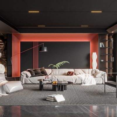 现代别墅客厅 无主灯客厅 旋转楼梯 沙发组合 茶几组合 饰品摆件