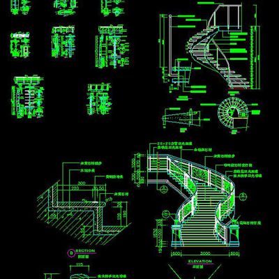 CAD旋转楼梯施工图楼梯大样图栏杆详图CAD设计素材