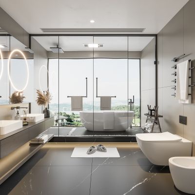 现代卫生间 马桶 浴室柜 洗脸盆 镜子 坐便器 浴缸 摆件